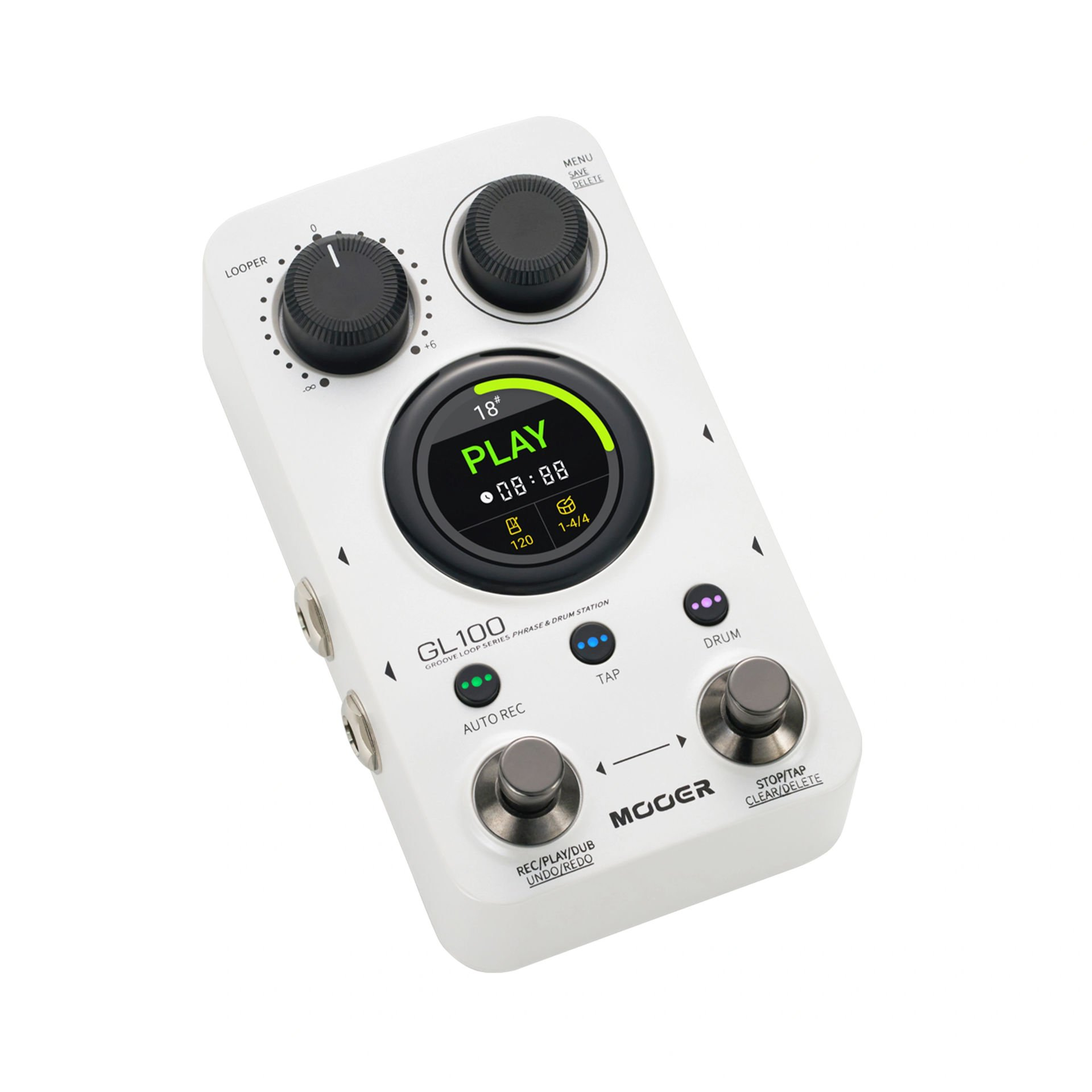 Een wit Mooer GL100 looper en drumstation pedaal met knoppen en digitaal display.
