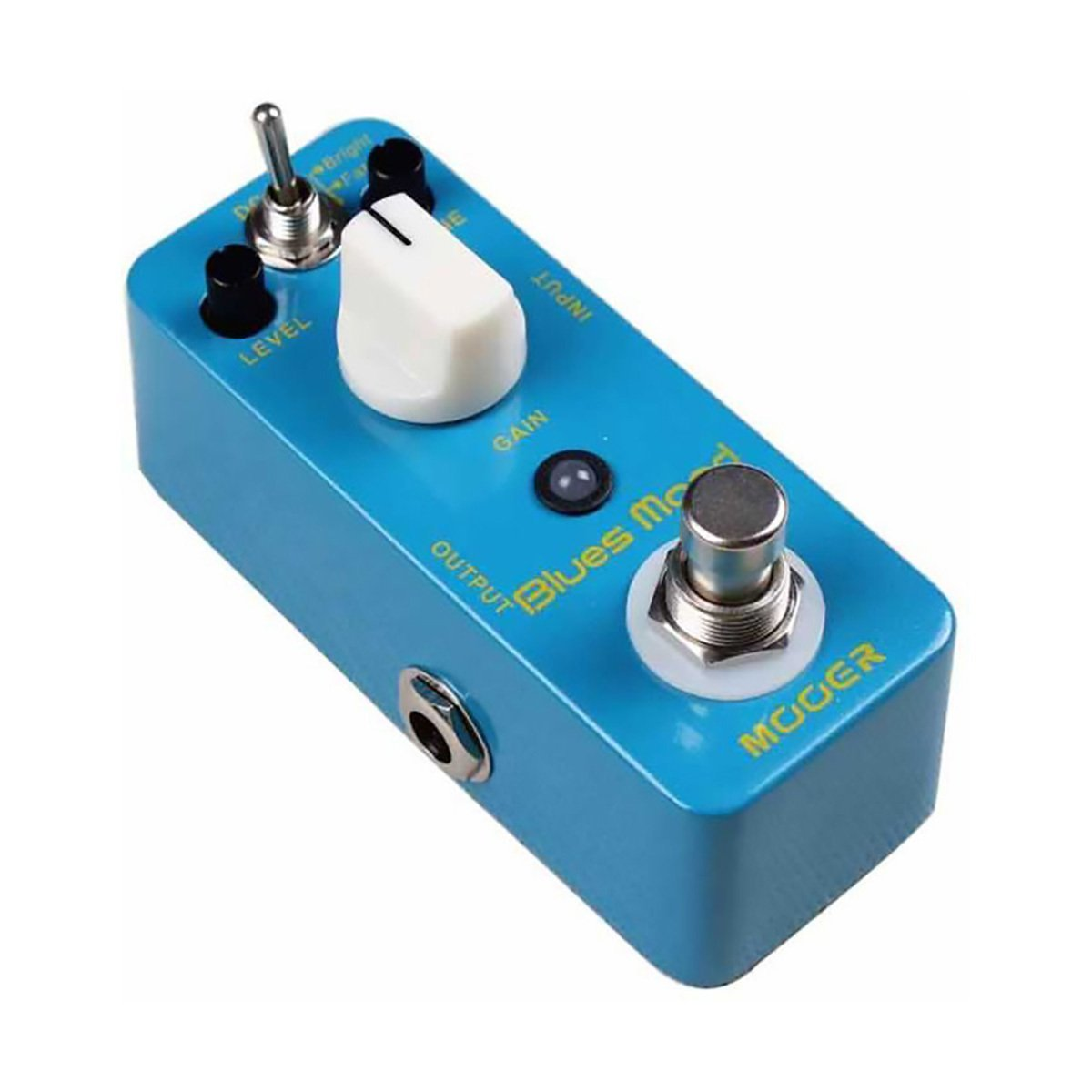 Beyaz ve gümüş düğmeli mavi Mooer Blues Mood gitar pedalı.