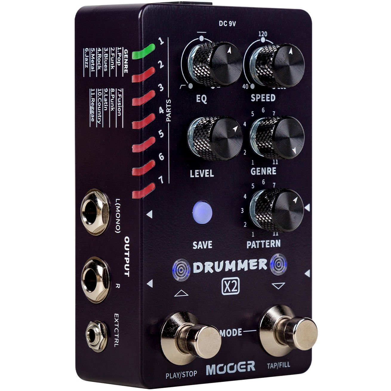 Zwart effectpedaal met knoppen, schakelaars en poorten. Gelabeld 'Drummer X2'.