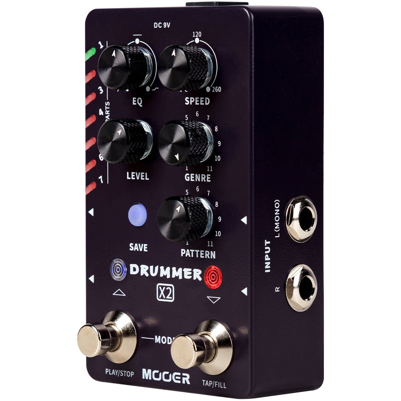 Donkerpaars Mooer Drummer X2 pedaal met knoppen voor EQ, Level, Speed, Genre, Pattern.