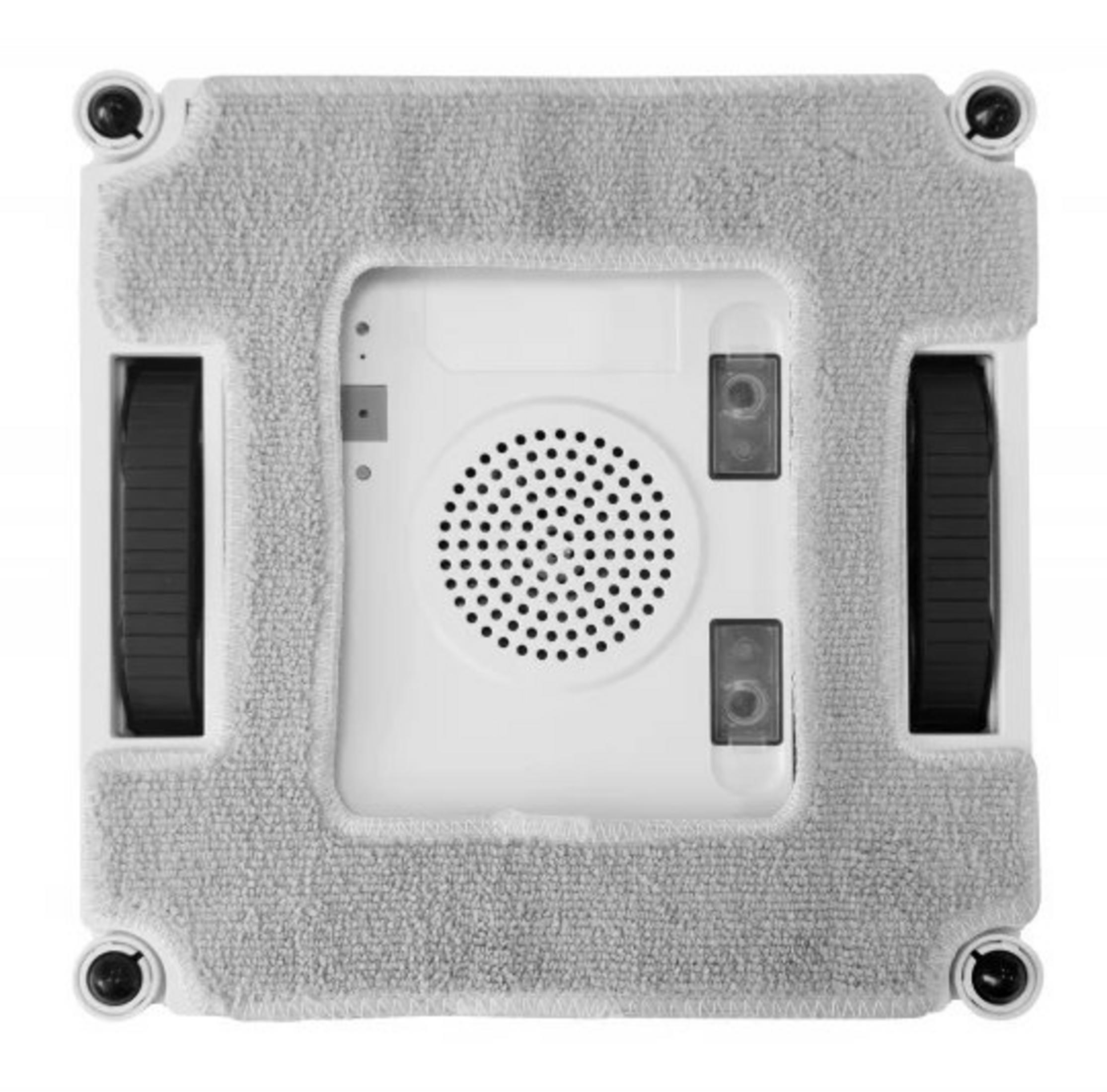 Ein weißer Fensterreinigungsroboter mit grauem Wischpad und schwarzen Rädern.
