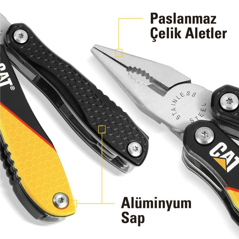 Siyah saplı ve paslanmaz çelik aletli çok amaçlı alet, CAT logosu.