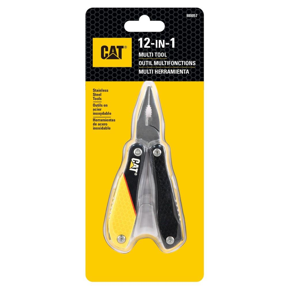 Paketli CAT 12'si 1 arada çok amaçlı alet, pense, sarı ve siyah saplı.