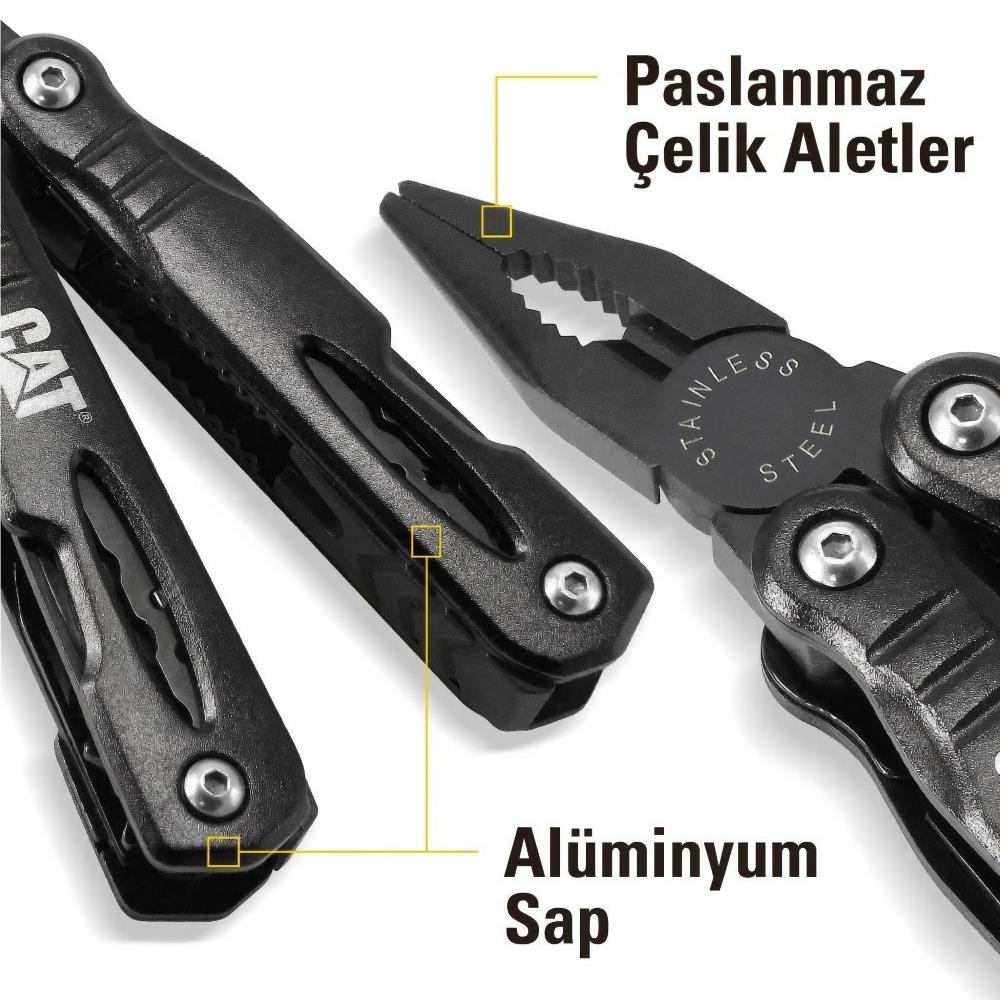 Alüminyum saplı ve paslanmaz çelik aletli siyah çok amaçlı alet.