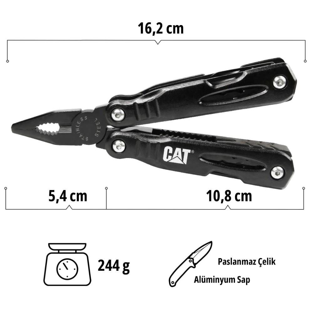 Siyah çoklu alet boyutları: 16,2cm U, 5,4cm G, 10,8cm sap. Ağırlık 244g.