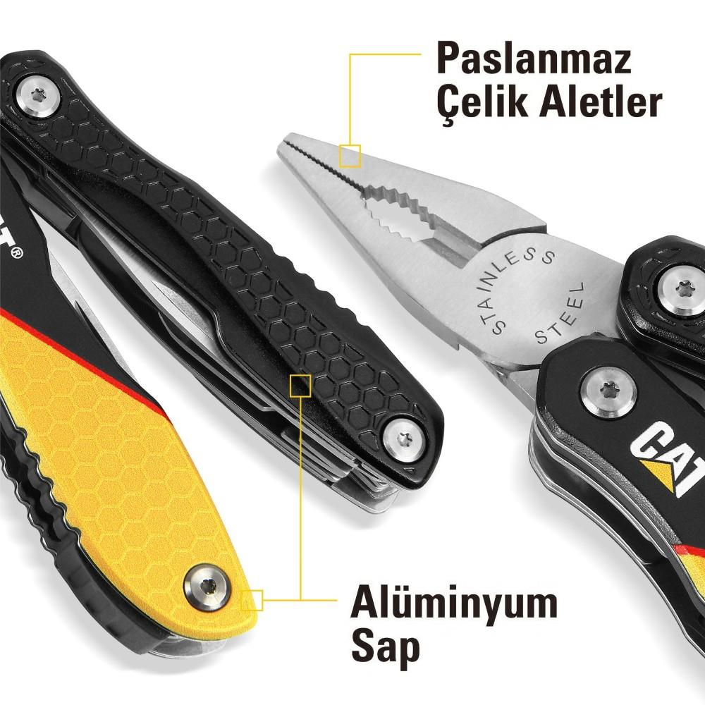 Paslanmaz çelik pense ve saplı, sarı vurgulu siyah çok amaçlı alet.
