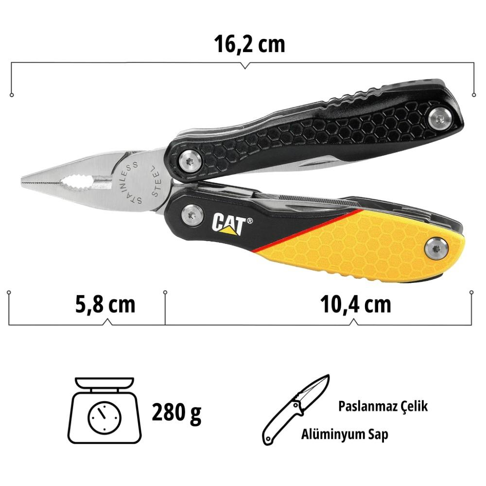 CAT marka pense, siyah-sarı renkli, 16,2 cm uzunluk, 5,8 cm genişlik.