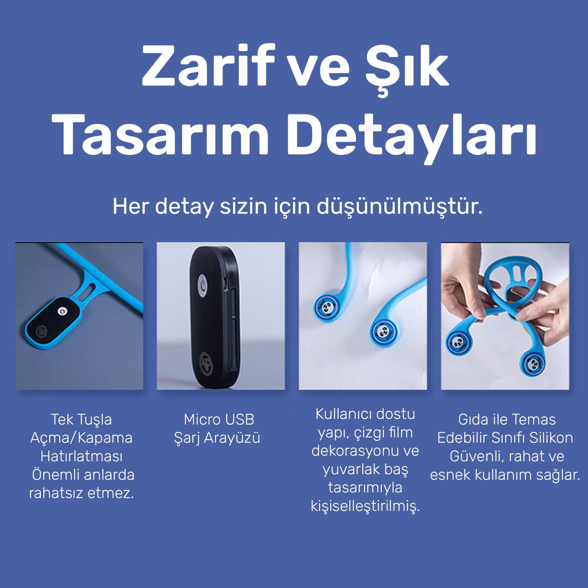 Mikro-USB portlu ve silikon kulaklıklı mavi kulaklık tutucu.
