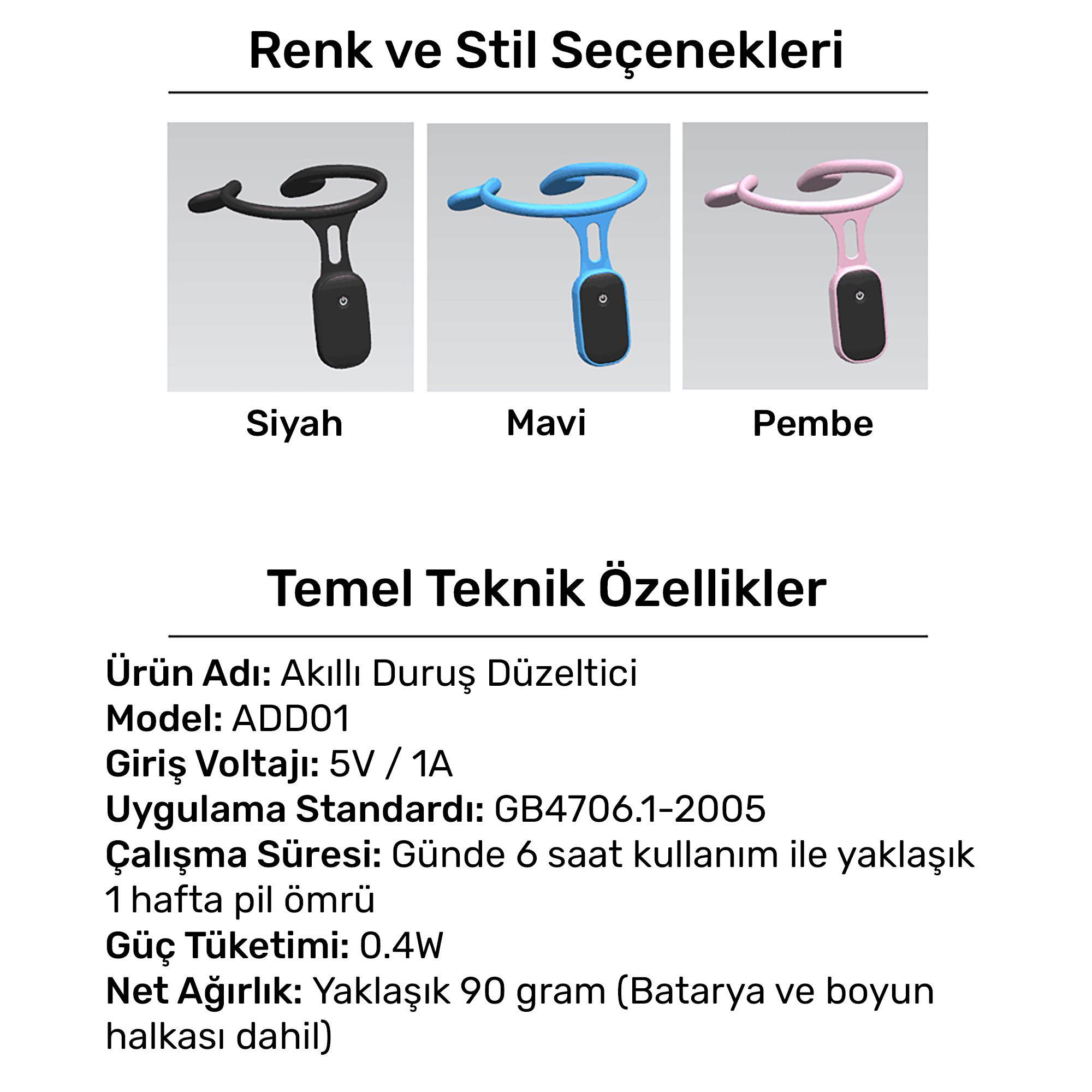 Siyah, mavi ve pembe renkli duruş düzeltici, teknik özellikler.