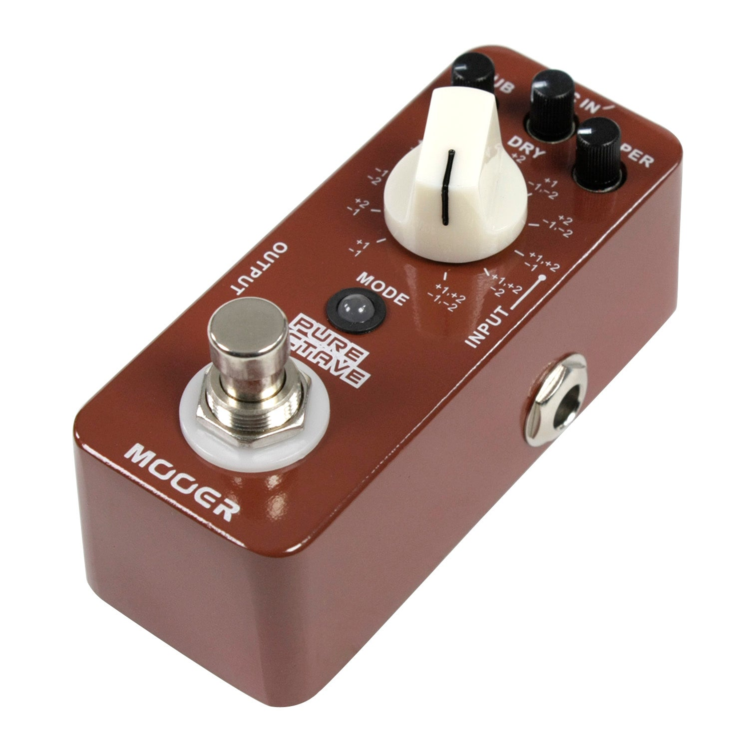 Düğmeler ve bir ayak pedalı olan kahverengi bir Mooer Pure Octave gitar efekt pedalı.