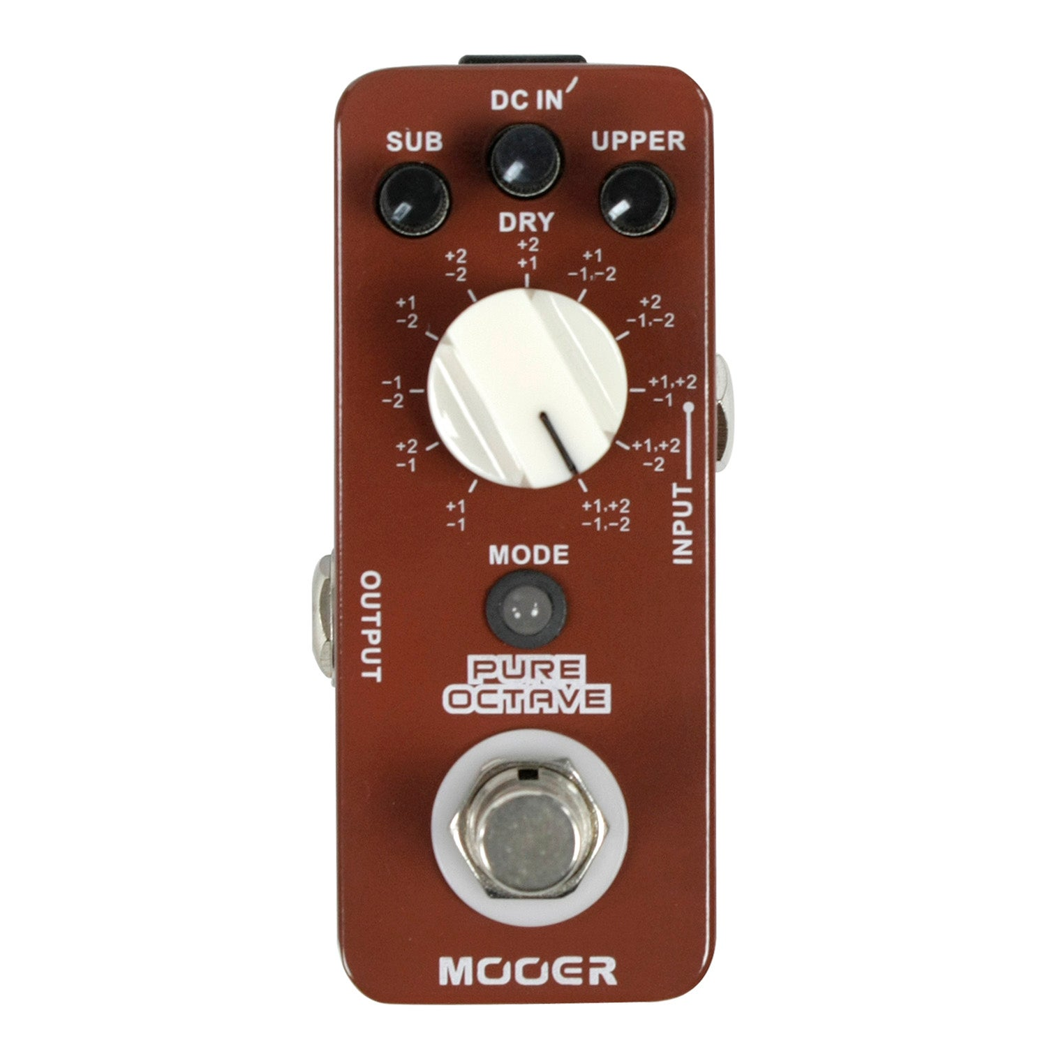SUB, DRY, UPPER ve MODE kontrollü kahverengi efekt pedalı. MOOER etiketli.