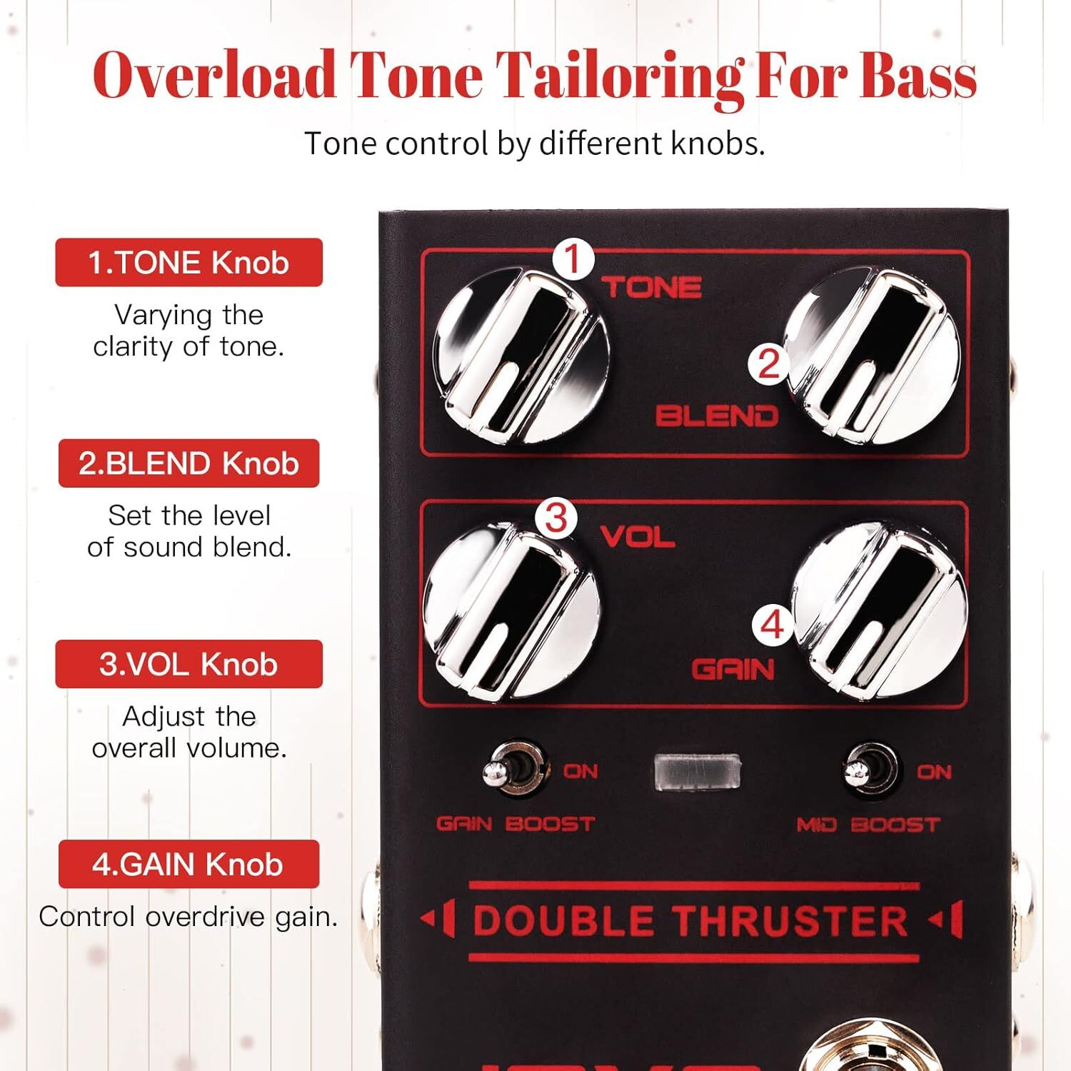 Siyah gitar pedalı, Tone, Blend, Vol, Gain etiketli dört gümüş düğmeli.