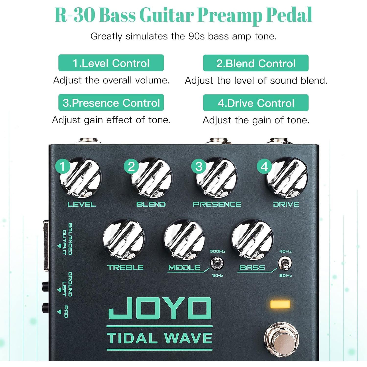 Dört düğmeli ve etiketli siyah bir JOYO Tidal Wave bas gitar preamp pedalı.