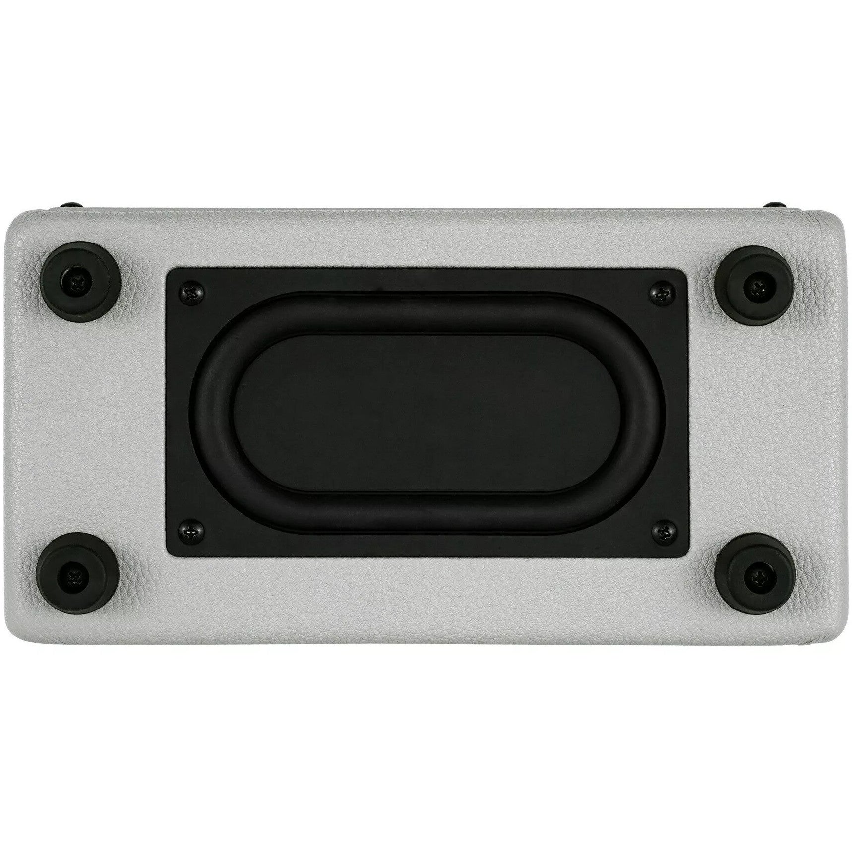 Siyah oval subwoofer ve dört lastik ayaklı gri hoparlör.