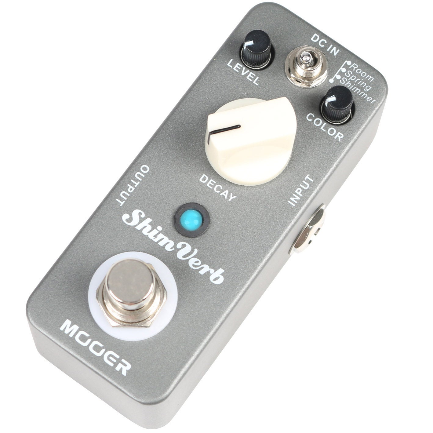 Beyaz decay düğmesi ve mavi LED'li gri Mooer ShimVerb gitar pedalı.