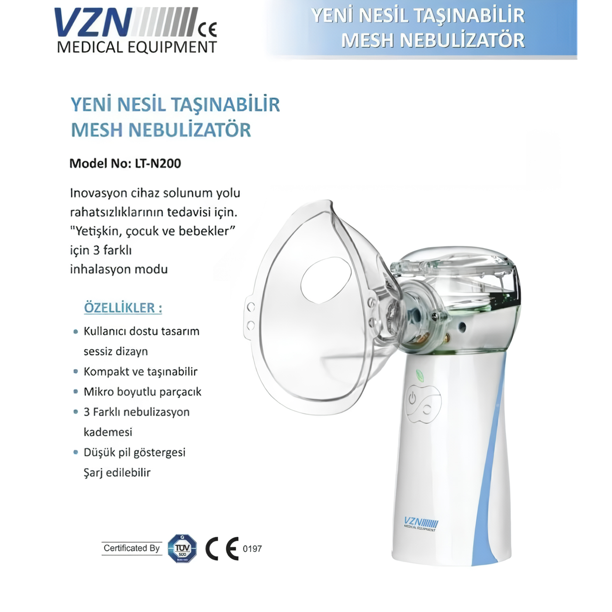 Maskeli ve mavi şeritli beyaz nebulizasyon cihazı. Model LT-N200.
