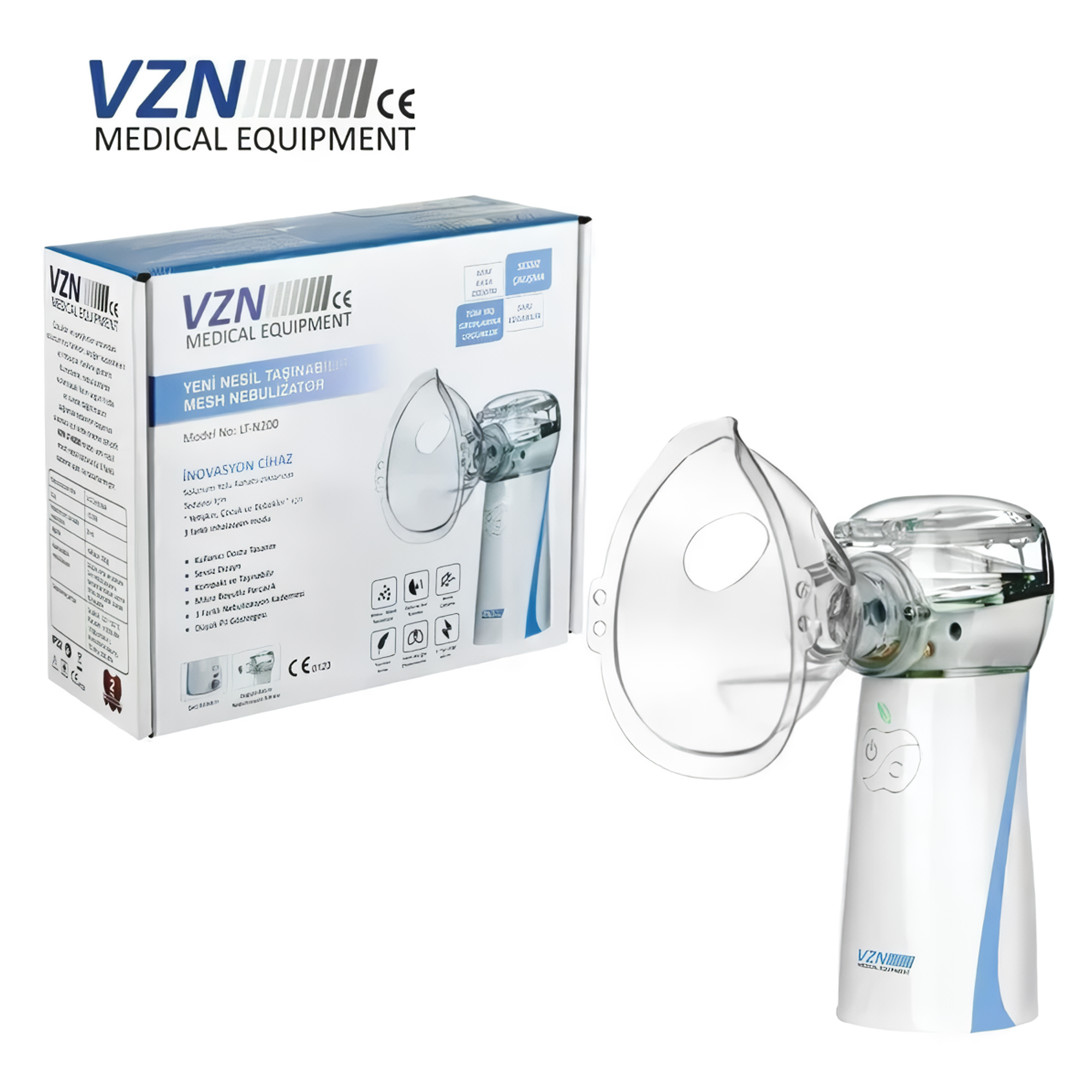 VZN Medical Equipment taşınabilir mesh nebulizator kutusunun yanında.