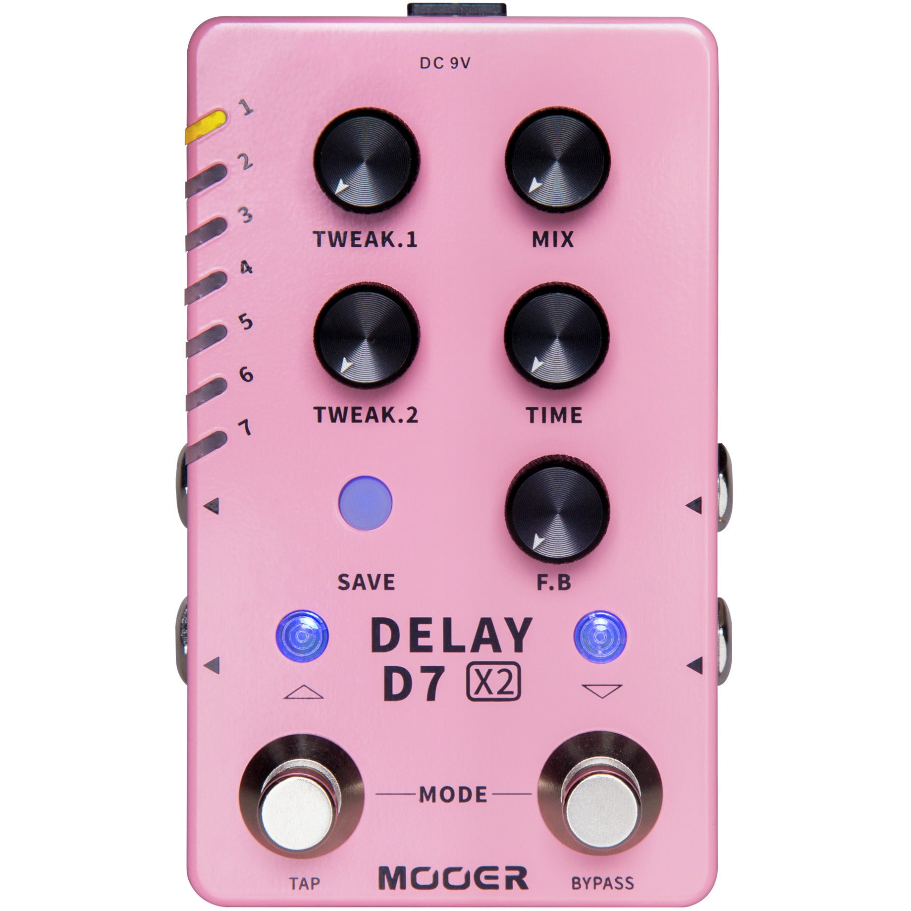 Siyah düğmeli ve ışıklı pembe Mooer D7 X2 Delay gitar efekt pedalı.
