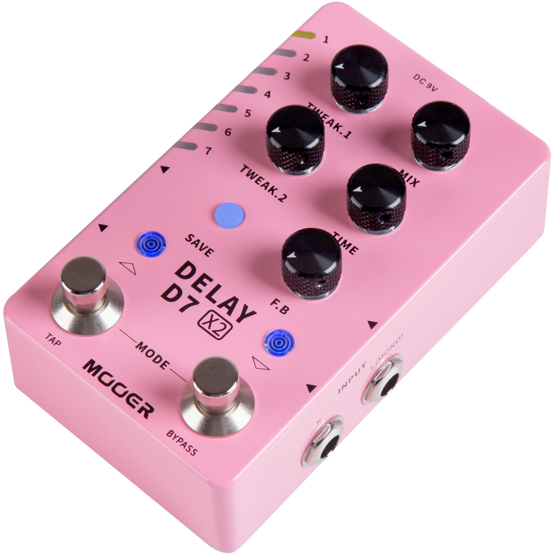Altı siyah düğmeli pembe bir Mooer Delay D7 X2 gitar efekt pedalı.