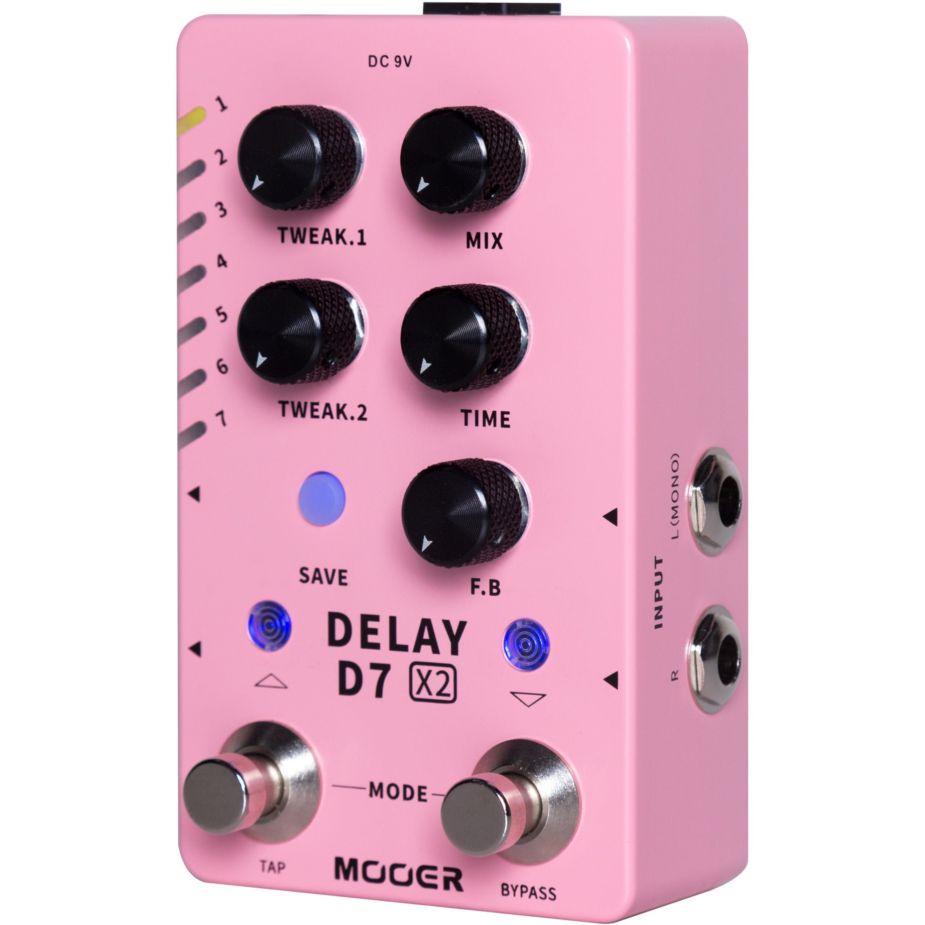 Düğmeler ve anahtarlar içeren pembe bir Mooer Delay D7 X2 efekt pedalı.