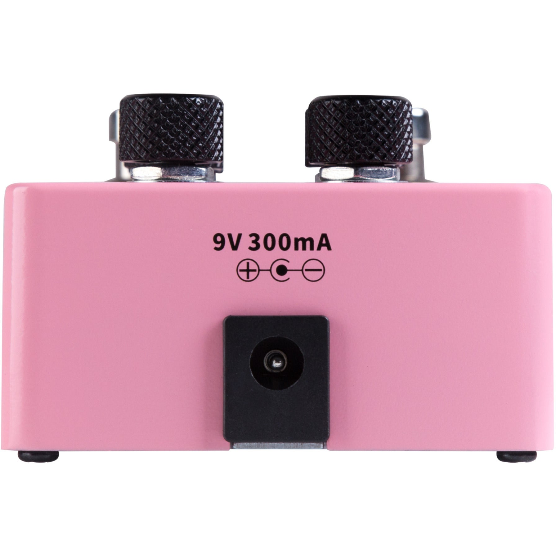 İki siyah düğmeli ve DC güç girişli pembe bir pedal.