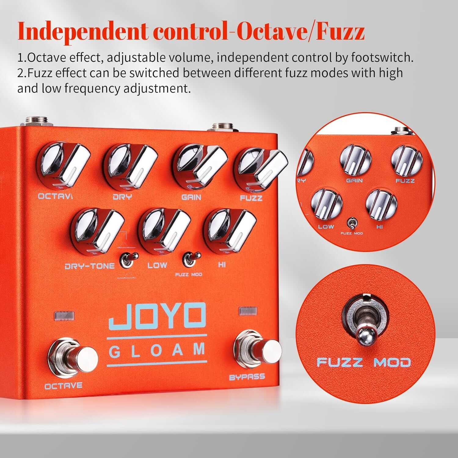 Düğmeli ve anahtarlı turuncu JOYO GLOAM gitar pedalı. Octave/Fuzz özelliği.