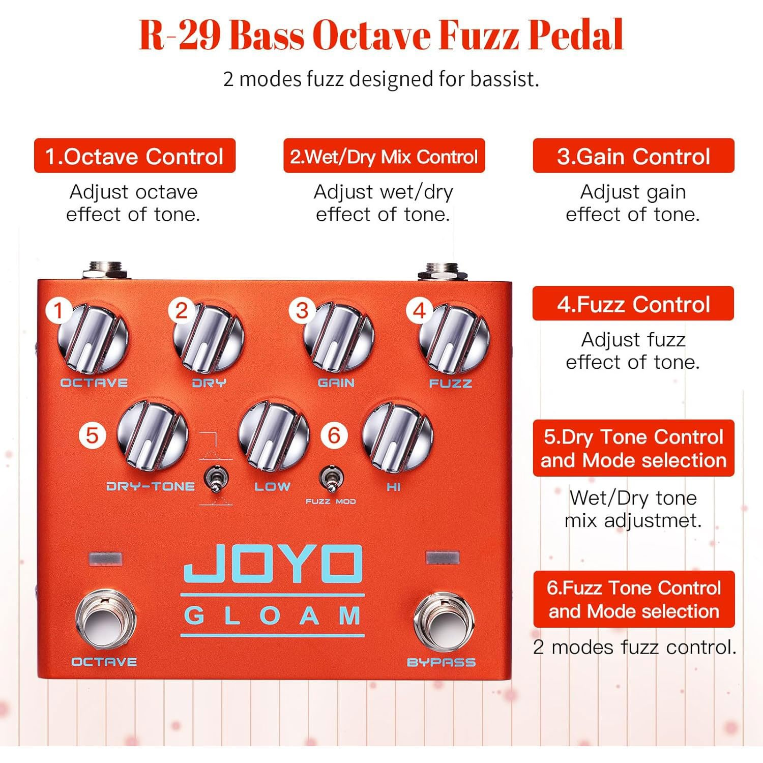 Turuncu Bas Fuzz Pedalı; Oktav, Dry/Wet Mix, Gain, Fuzz, Ton ve Mod kontrolleri bulunur.
