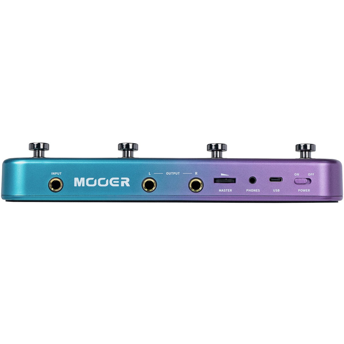 Mavi-mor gradyanlı MOOER gitar efekt pedalı, giriş/çıkış jakları, master, telefon, USB ve güç kontrolleri bulunur.
