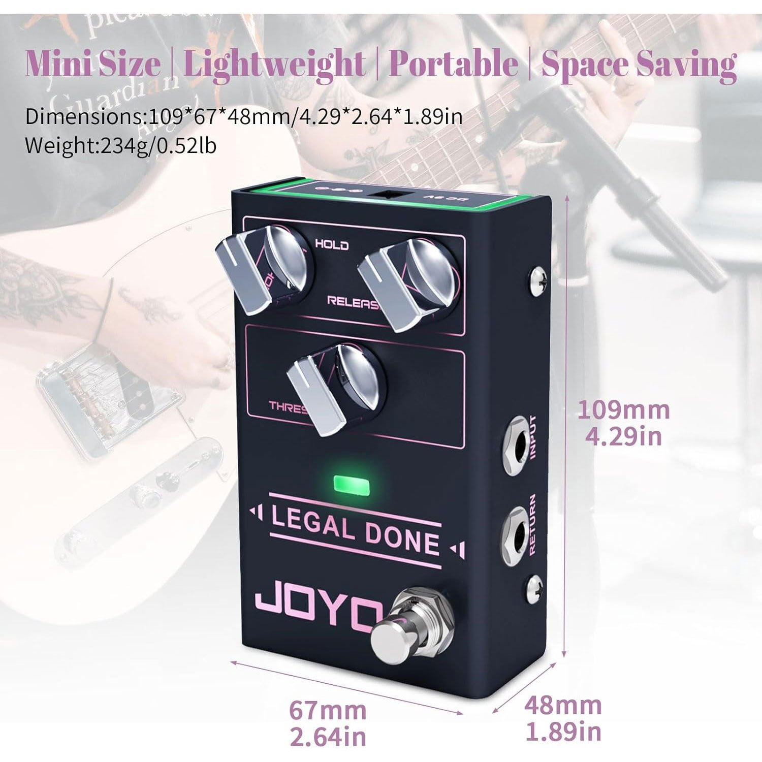 Gümüş düğmeli ve yeşil LED'li siyah bir JOYO gitar efekt pedalı.
