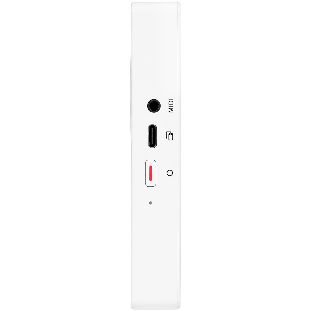 Portlu beyaz cihaz: MIDI, USB-C, kırmızı düğme, güç simgesi.
