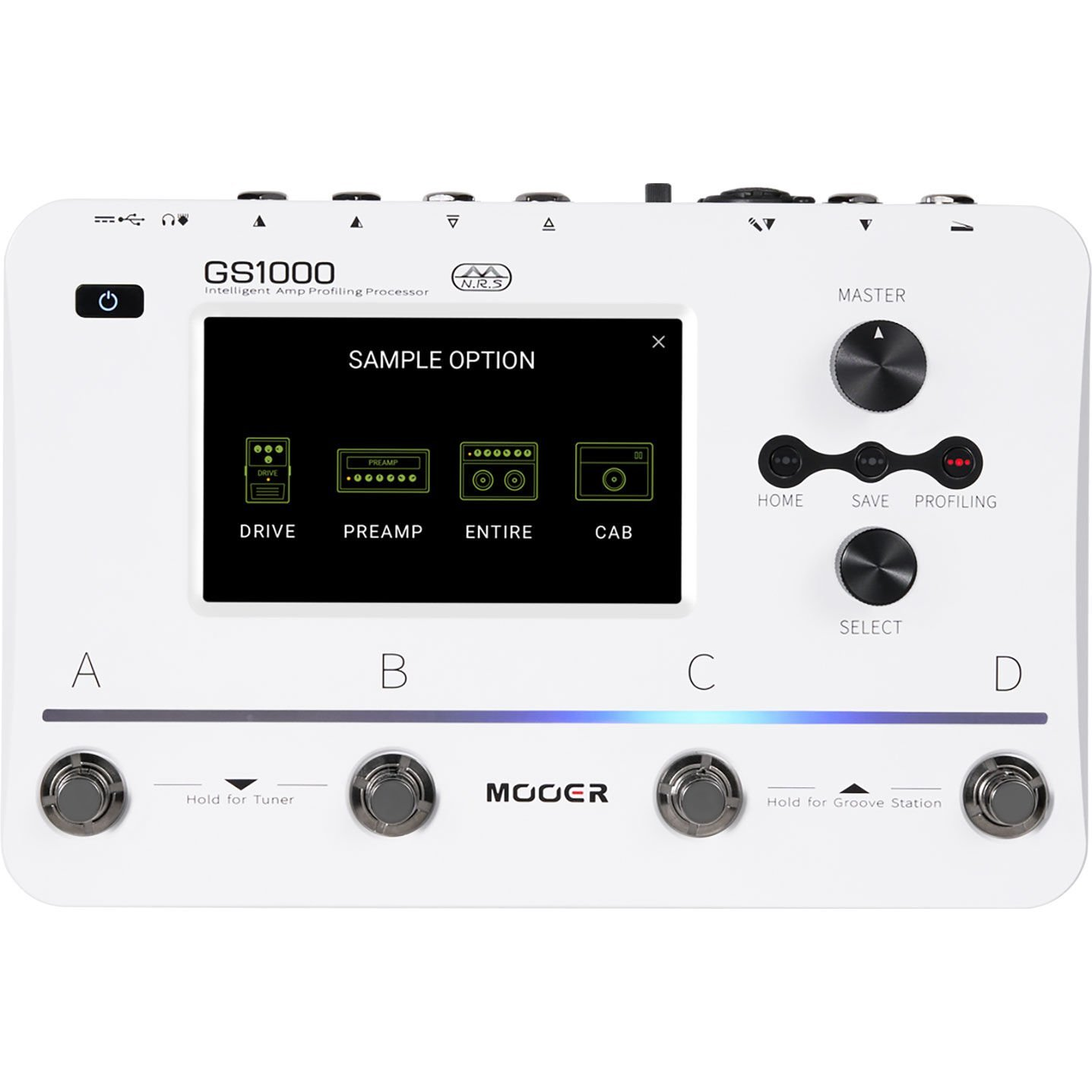 Örnek seçeneklerini gösteren ekrana sahip beyaz Mooer GS1000 amplifikatör profilleme işlemcisi: Drive, Preamp, Entire, Cab.