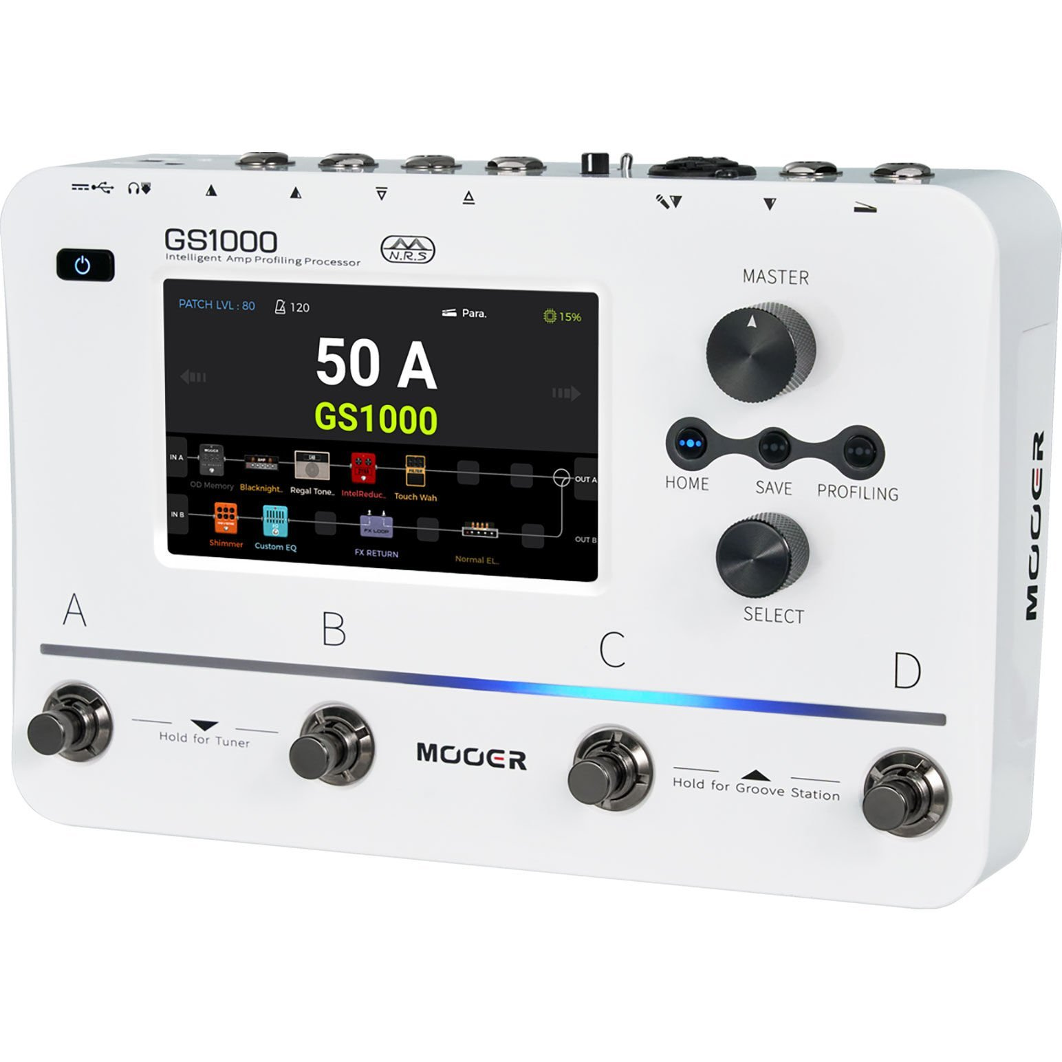 Ekranlı, düğmeli ve ayak pedallı beyaz Mooer GS1000 amfi profilleme cihazı.
