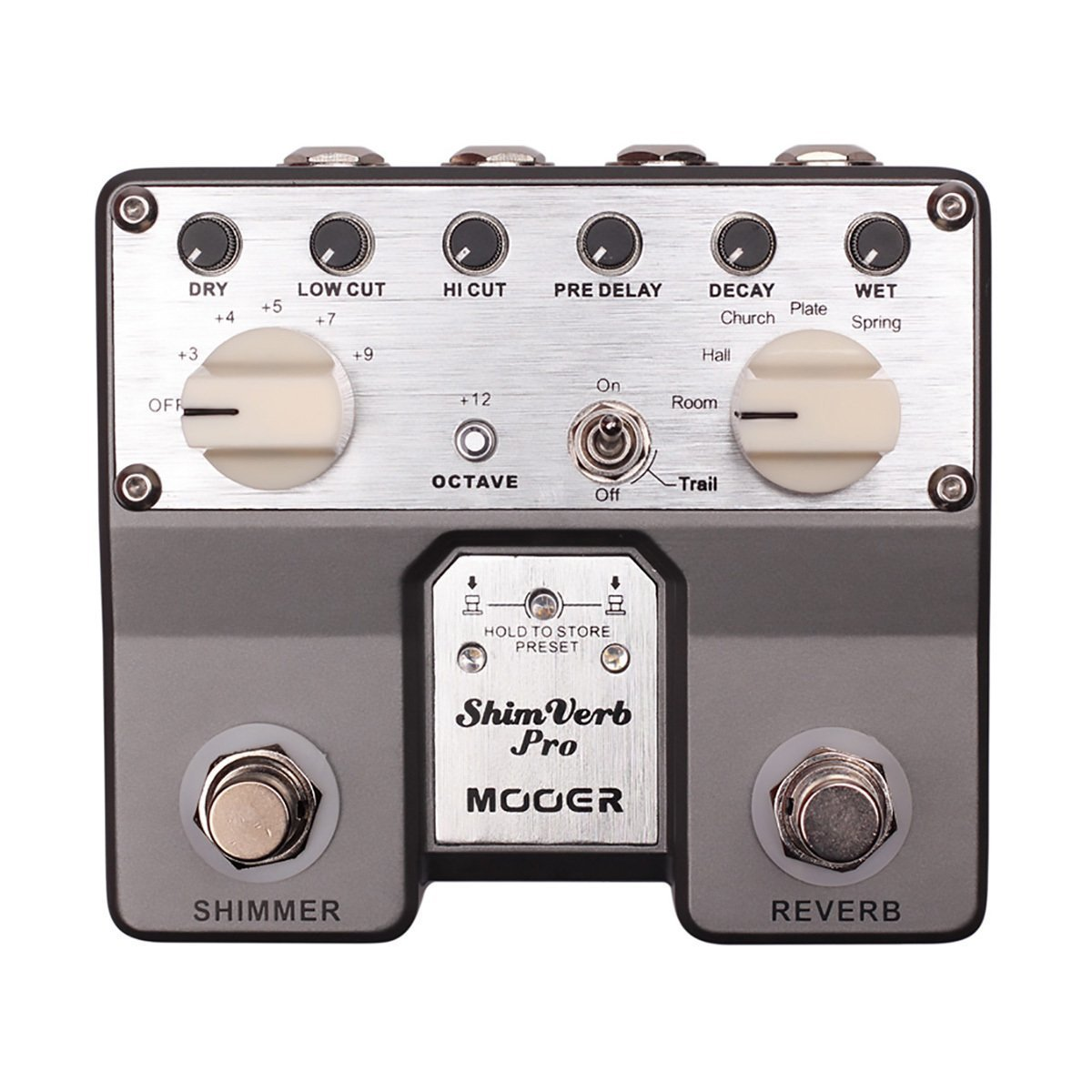 Üstte gümüş düğmeler ve anahtarlar bulunan gri bir Mooer Shim Verb Pro gitar pedalı.