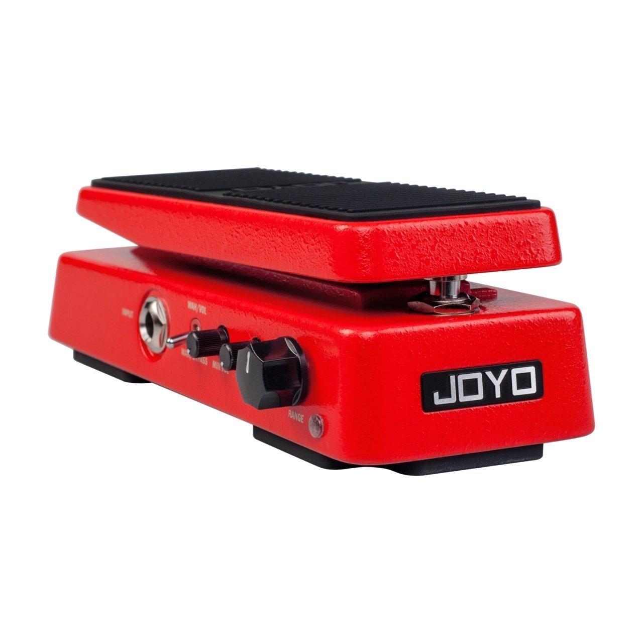Siyah düğmeli ve nervürlü kauçuk yüzeyli kırmızı bir JOYO Wah/Volume pedalı.