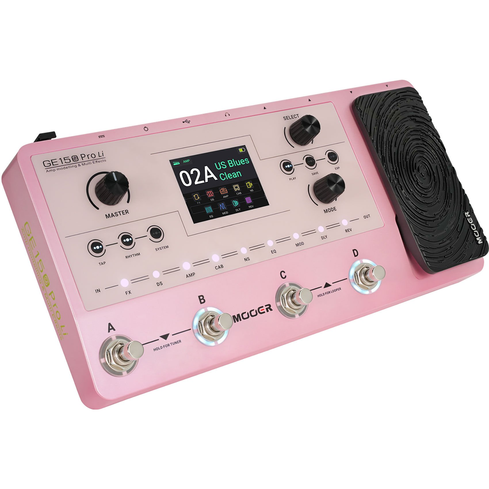 Ekranı ve pedalları olan pembe bir Mooer GE150 Pro Li gitar çoklu efekt işlemcisi.