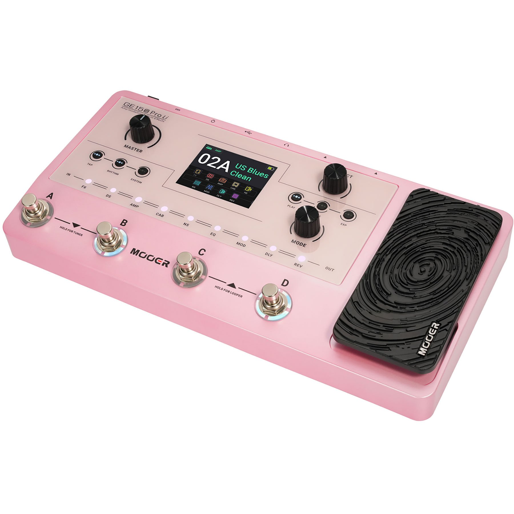 Düğmeler, anahtarlar ve ekrana sahip pembe gitar efekt pedalı.
