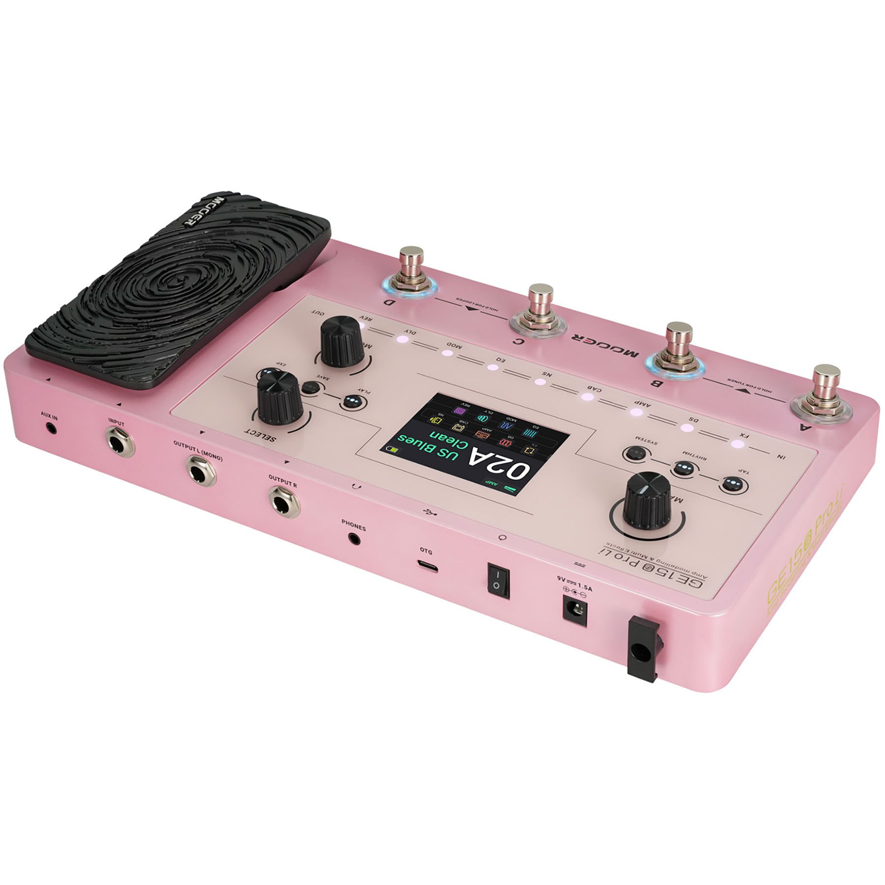 İfade pedalı, düğmeleri ve ekranı olan pembe bir gitar efekt işlemcisi.