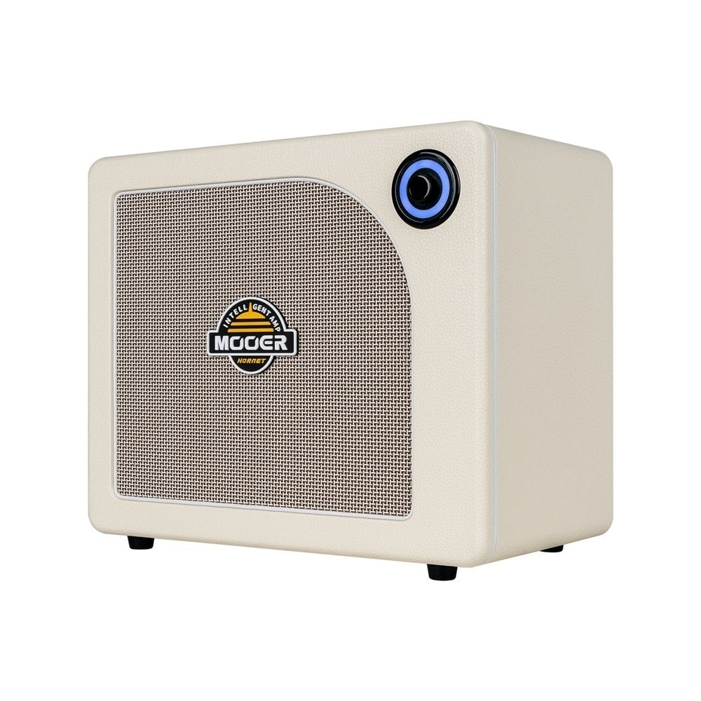 Kahverengi ızgaralı, krem rengi gitar amfisi, MOOER HORNET logosuyla.