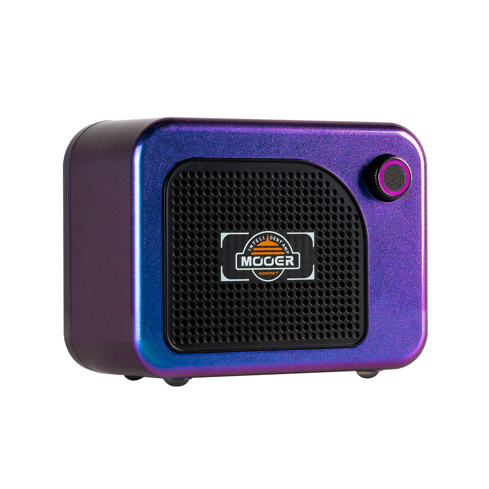 Siyah hoparlör ızgaralı ve bir düğmeli mor mini amplifikatör.