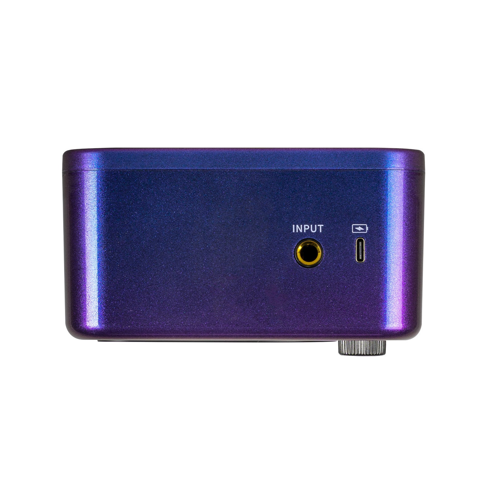 Giriş ve USB bağlantı noktalarına sahip mor-mavi cihaz.