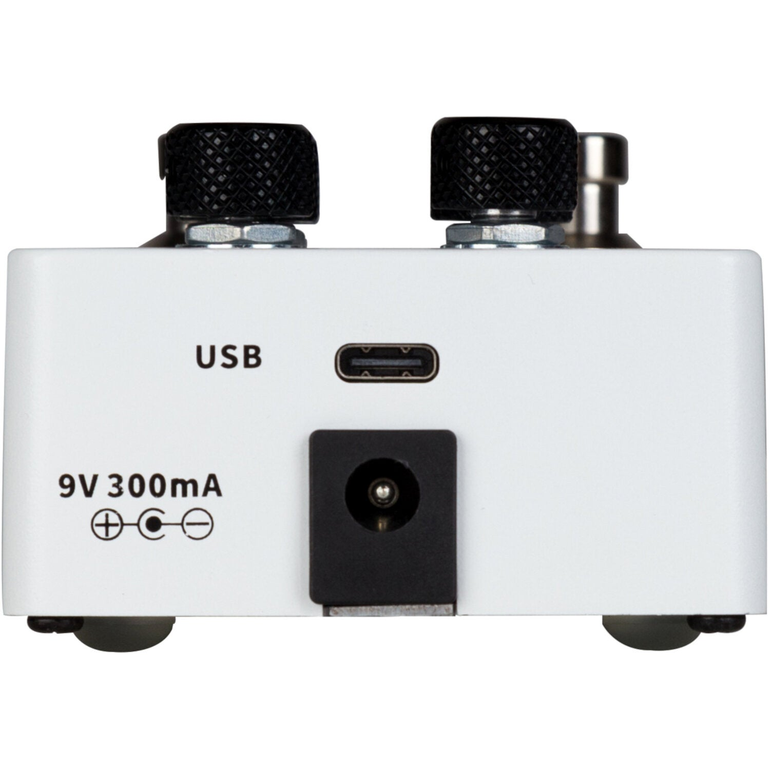 2 düğmeli, USB portlu ve güç konektörlü beyaz kutu.