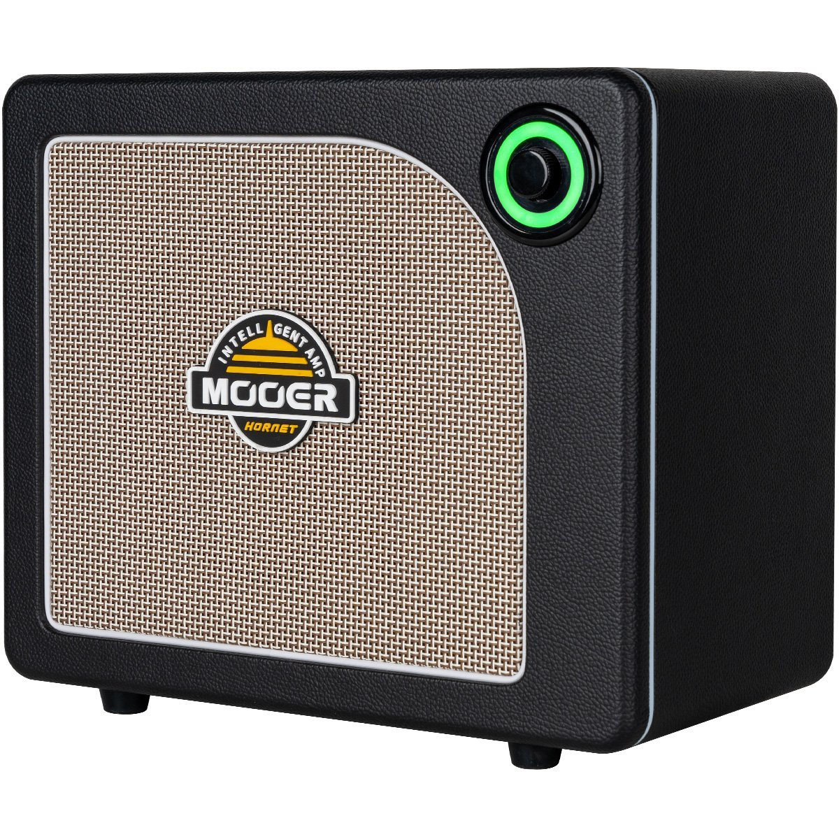 Kahverengi hoparlör ızgaralı ve Mooer logolu siyah gitar amfisi. Sağ üstte yeşil ışık.