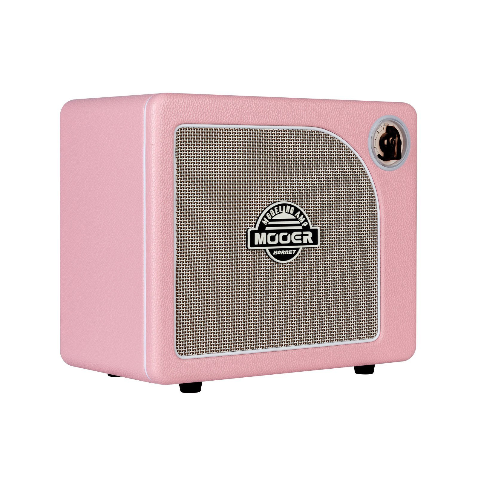 Siyah hoparlör ızgaralı pembe bir Mooer Hornet modelleme gitar amfisi.