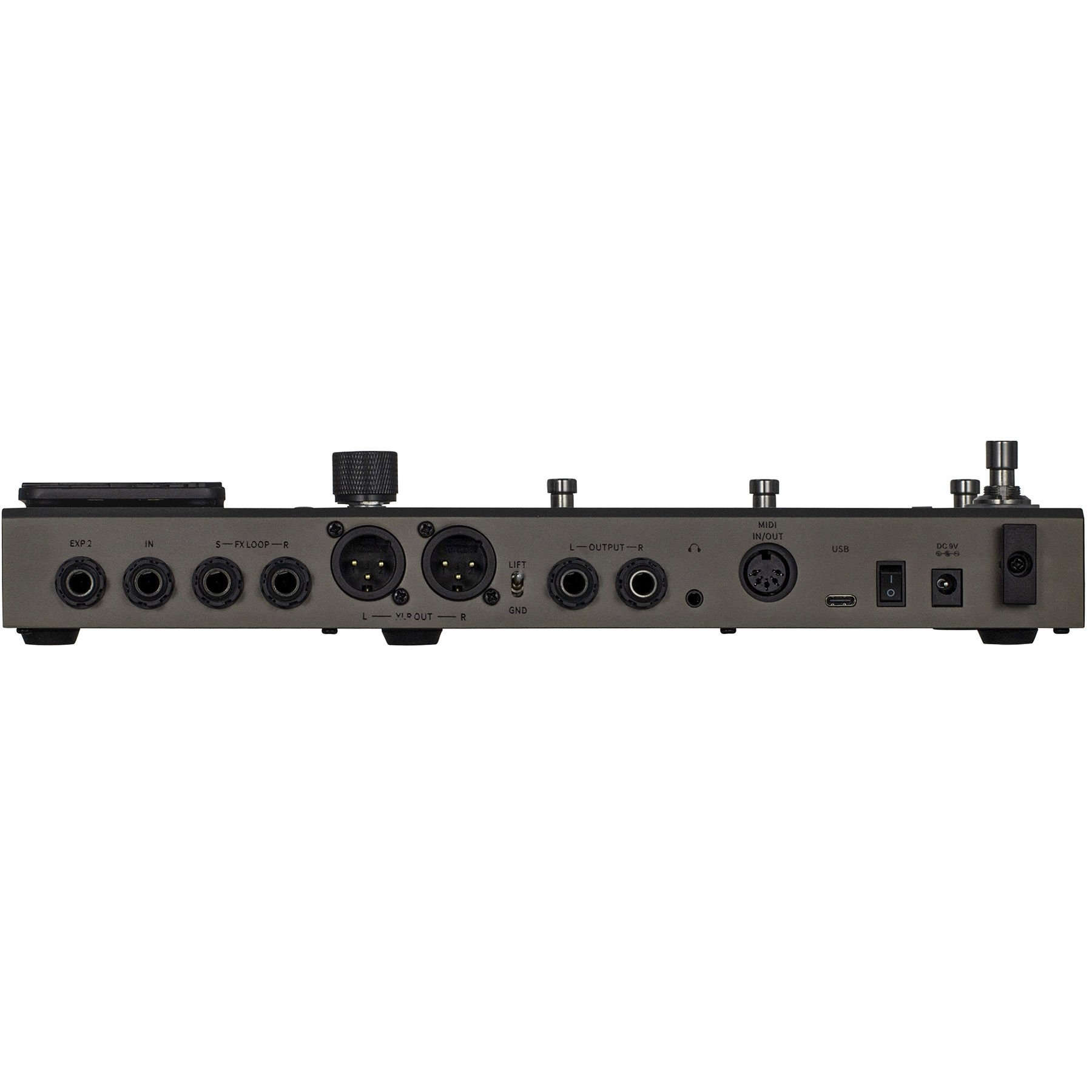 Gri sesli cihazın arka paneli: EXP 2, GİRİŞ, FX LOOP, XLR, jak, MIDI, USB, güç girişleri.