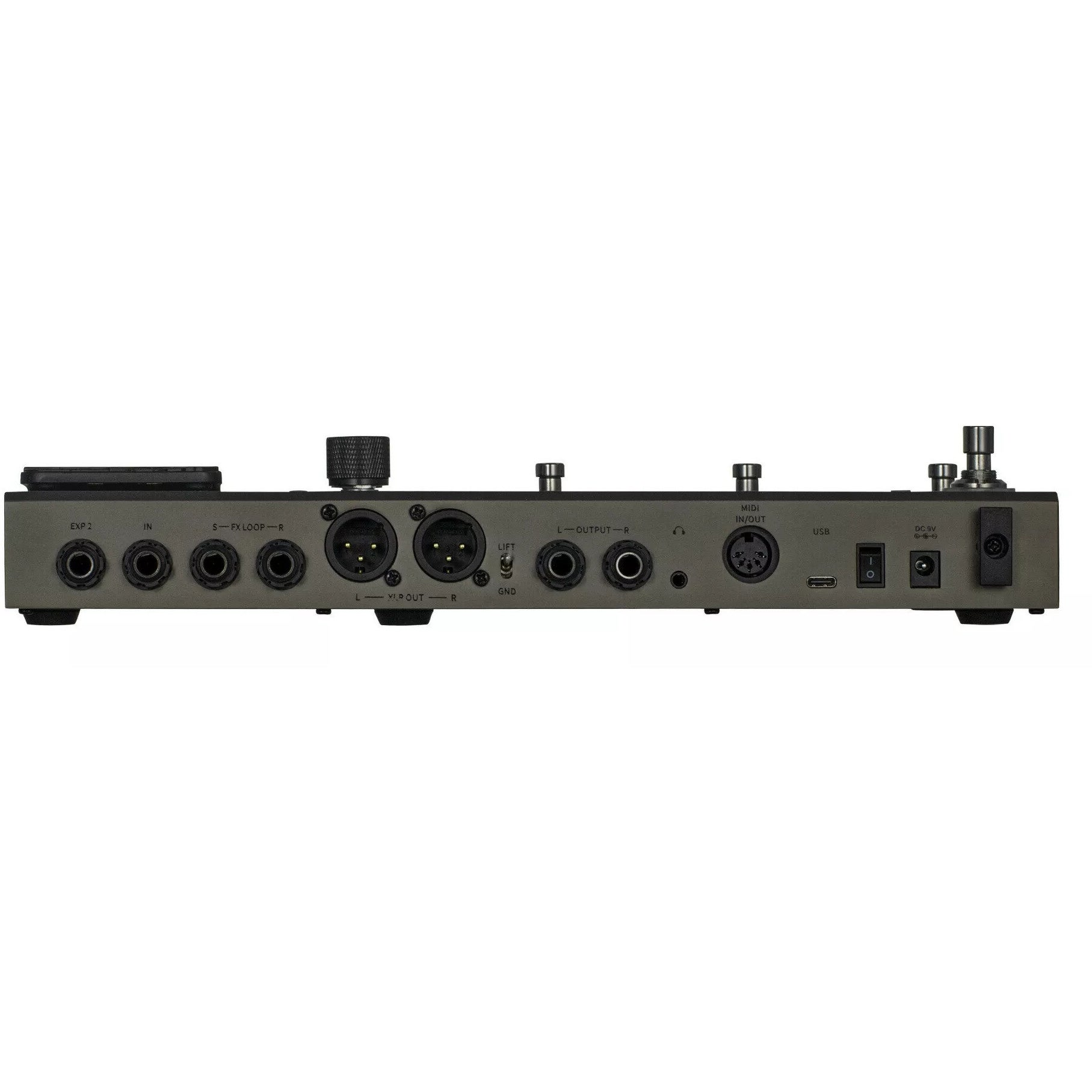 Gri efekt pedalinin arkası: EXP 2, GİRİŞ, FX LOOP, Sol/Sağ ÇIKIŞ, MIDI, USB, 9V DC.