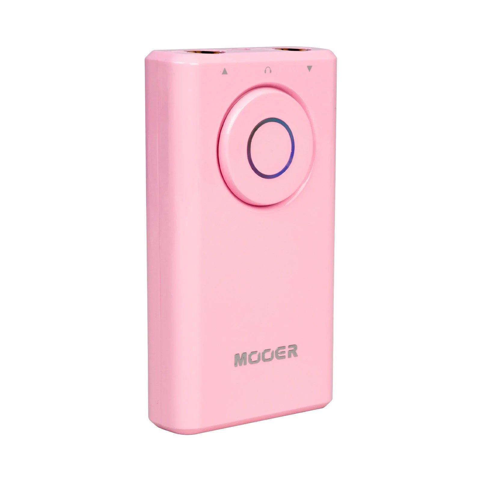 Üstte yuvarlak düğmesi ve bağlantı noktaları olan pembe bir Mooer efekt pedalı.