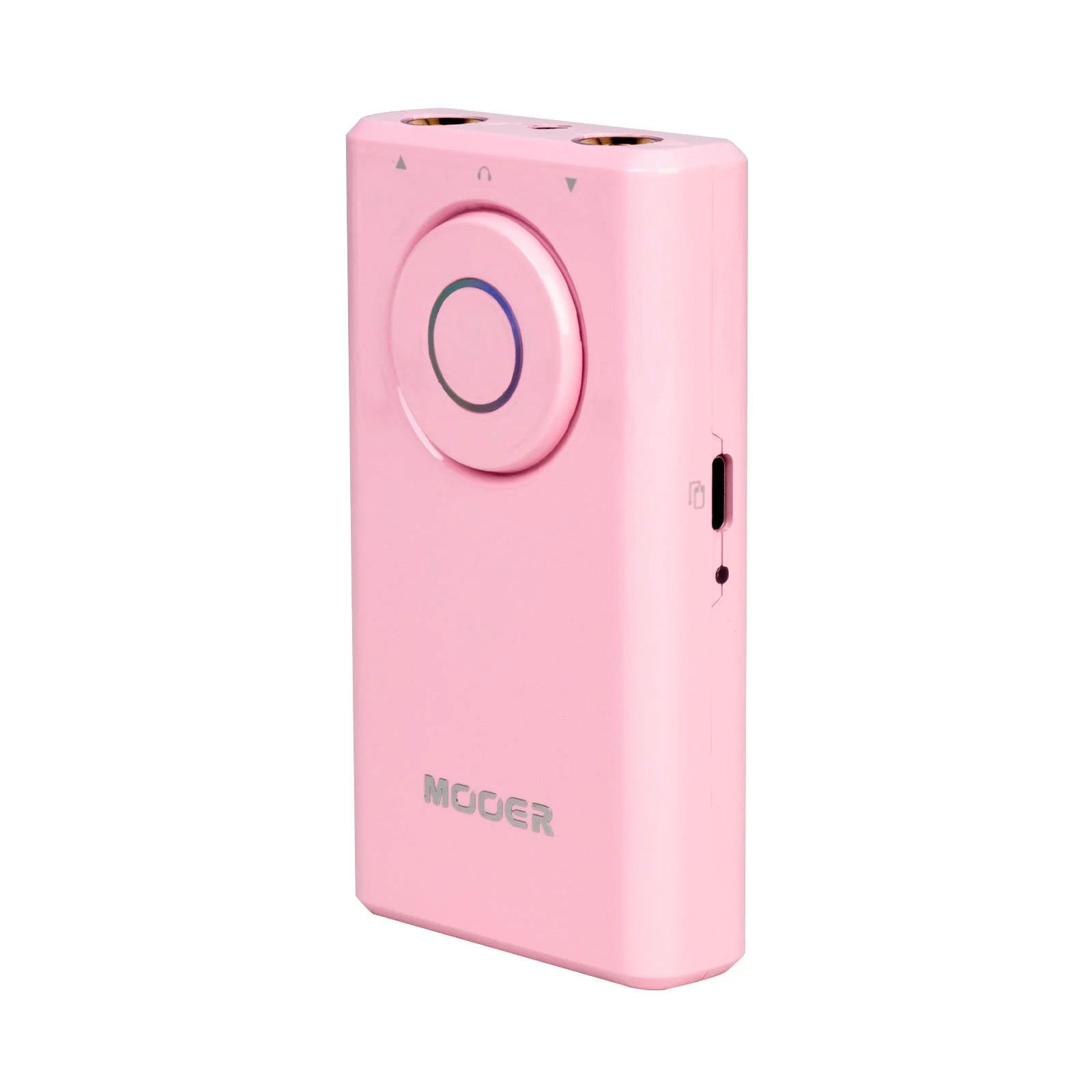 Yuvarlak düğmeli ve portlu pembe bir Mooer ses cihazı.
