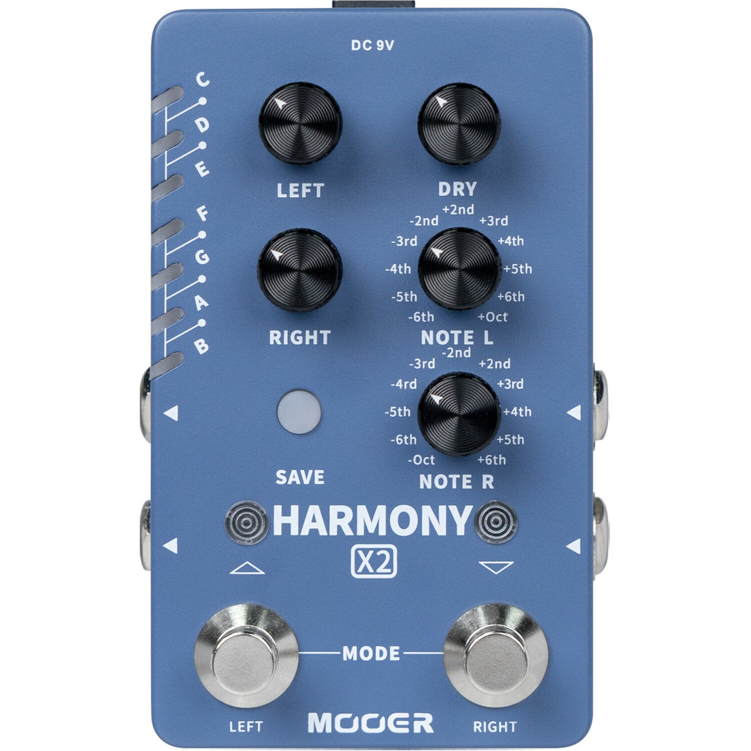 Düğmeli, ayak pedallı ve etiketli mavi Mooer Harmony X2 gitar efekt pedalı.