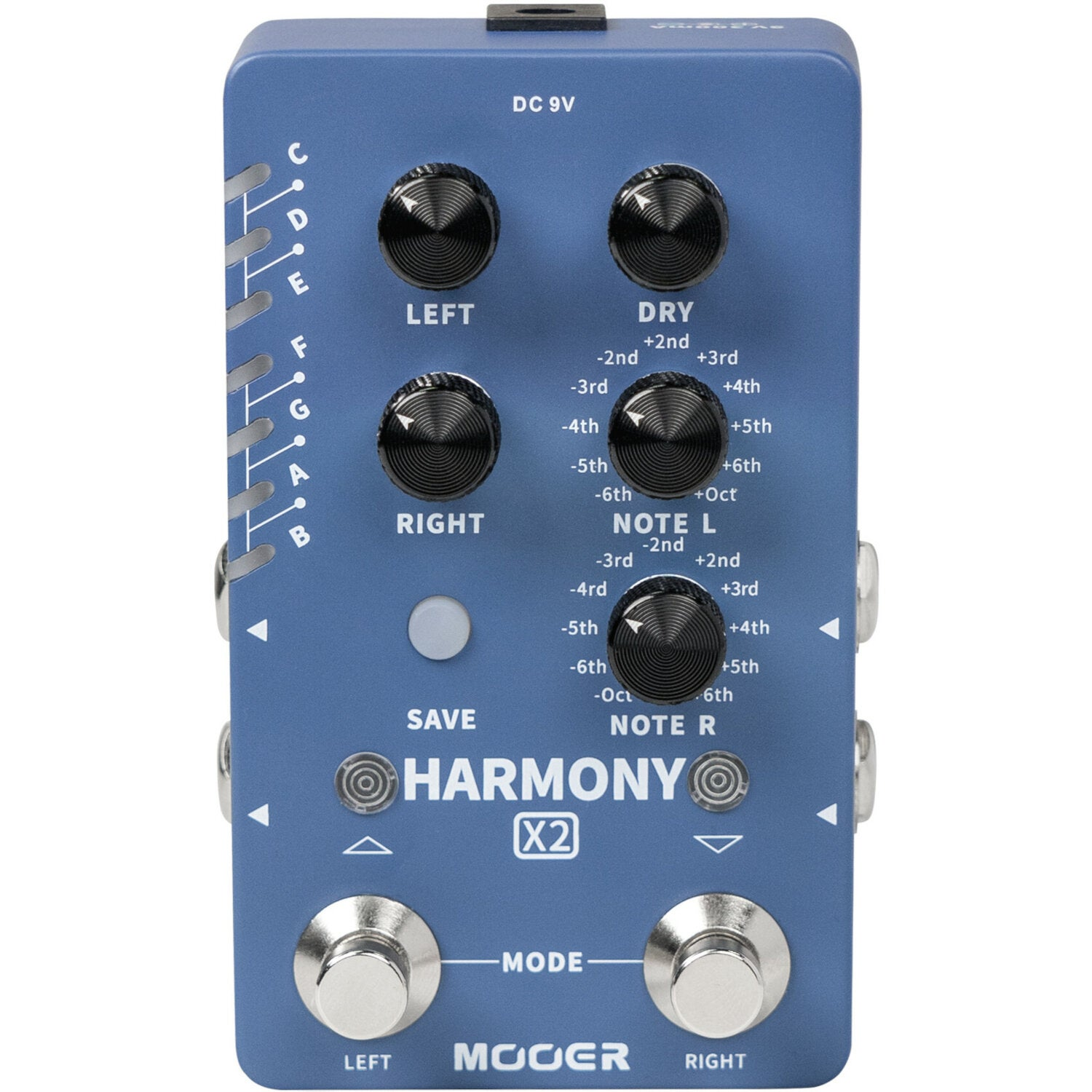 Düğmeler ve etiketlerle mavi bir Mooer Harmony X2 gitar efekt pedalı.