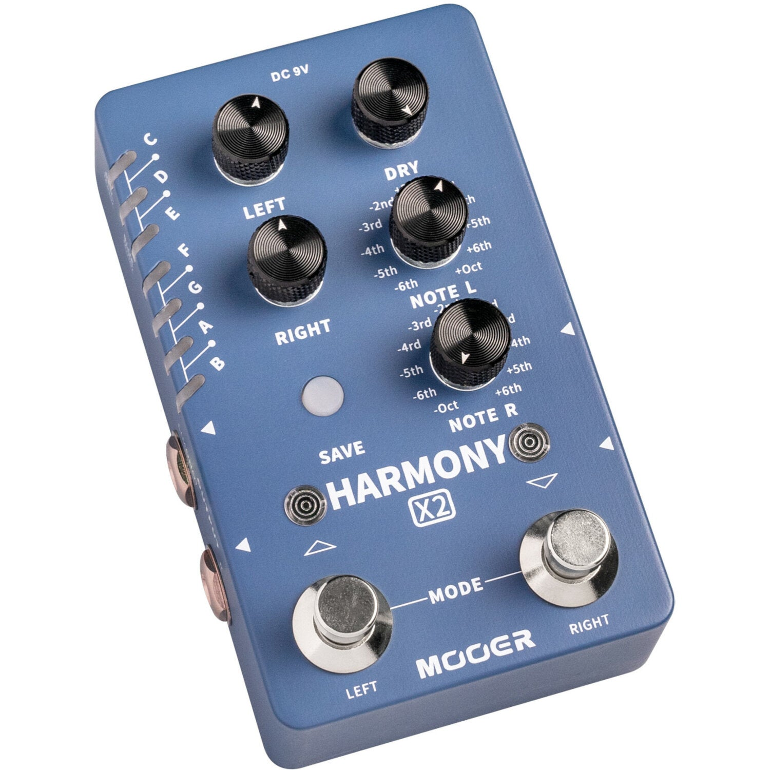 Düğmeli ve ayaklı mavi Mooer Harmony X2 gitar efekt pedalı.